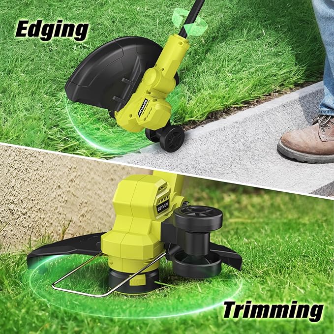 SEYVUM String Trimmer, 20V 12-inch Cordless Weed Wacker with Auto Line Feed, 2 X 2.0Ah Battery Powered Lawn Edger with 8 Pcs Grass Cutter Spool Line, Fast Charger Included, Lemon Green