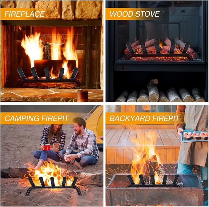 Fireplace Grate 14 Inch Solid Round Steel 3/4" Bar -Heavy Duty Wrought Cast Iron Indoor Outdoor Firewood Stove Log Holder Rack Wood Burning Fireplace Accessories, Camping, Chimney, Hearth Tools