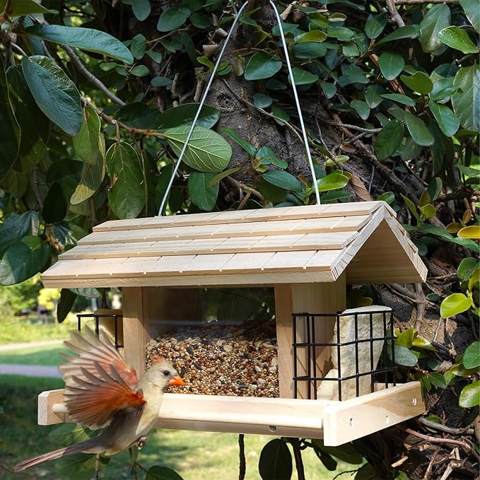 Wood Bird Feeders for Outdoors - Large with 2 Suet Cages, Waterproof for Garden Decoration