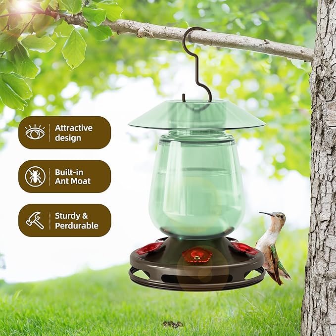 Auslar 16 Ounces Glass Hummingbird Feeders for Outdoors Hanging, Green Hummingbird Feeder with 5 Flower Feeding Ports & Bilt-in Ant Moat, Rustproof, Leakproof, Barn Lantern Shape, 2 Pack