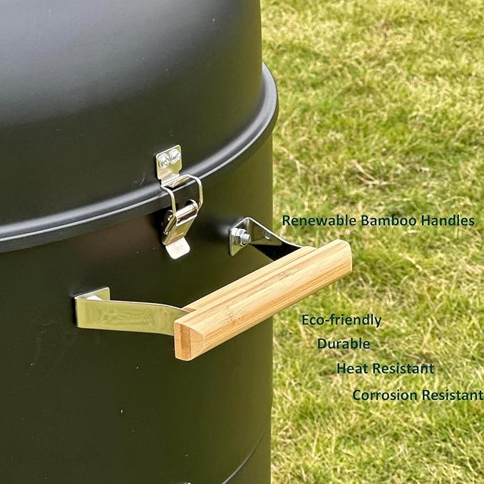 17-1/2" BBQ Smoker Grill & Grill Cover Smoker with Rack 4 Hooks Wooden Handles BBQ Smoker Single Door Design Outdoor Cooking Large Capacity Charcoal Smoker for Parties Gathering Camping