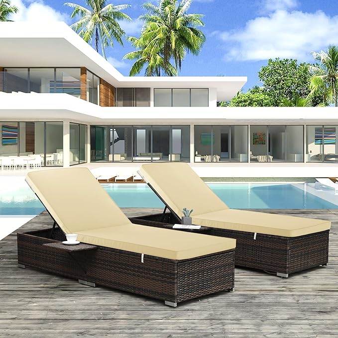 Outdoor Chaise Lounge Cushion Set of 2, Fadesafe Water-Repellent Lounge Deck Reclining Chair Cushions for Patio Furniture Lawn Pool Resort Hotel, 80x26x3 Inch, Beige