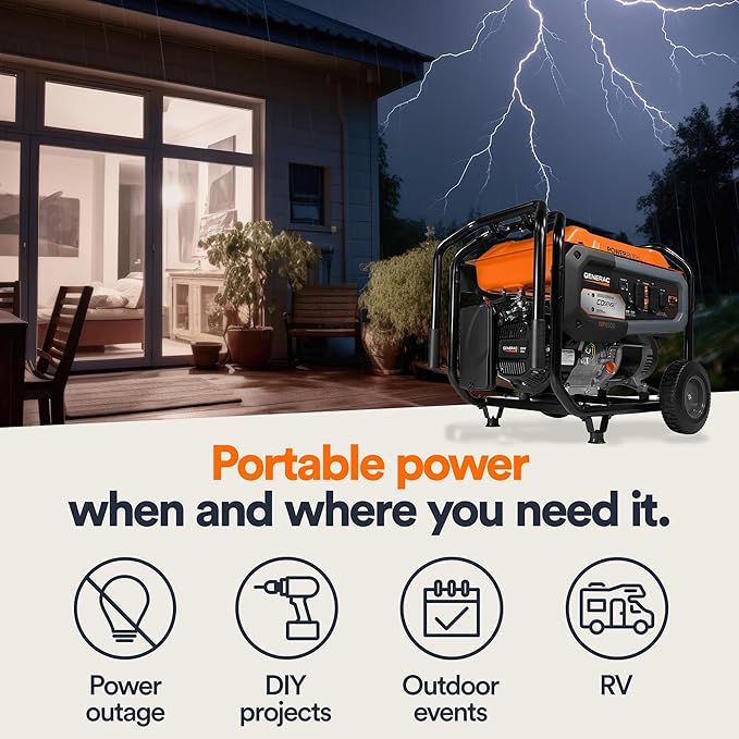 Generac 8,125/6,500-Watt Portable Gas Generator - Electric Start - Includes Extension Cord - Home or RV Ready - Quiet, Long Runtime, Emergency Power - 49-State Compliant