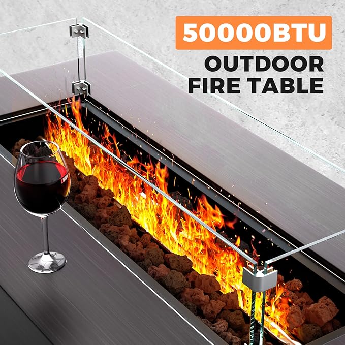 42” Rectangular Fire Pit Tables 2-Piece 50,000 BTU Outdoor Propane Gas Fire Pit with Wind Guard, Waterproof Cover, Lava Rocks for Outside Patio Backyard