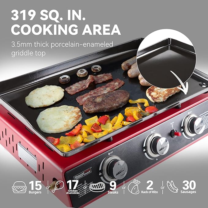 Royal Gourmet PD1301R 3 Burner Tabletop Propane Gas Griddle with Cover, 24 Inch Portable Griddle with 25,500 BTUs Output for Outdoor Cooking While Camping or Tailgating, Red