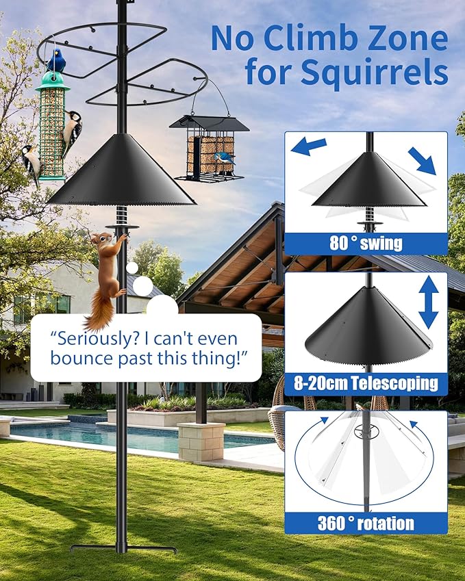 Squirrel Baffle for Bird Feeder Pole - Bird Feeder Baffle with Steel Spring Motion for Better Defense, Polycarbonate Extra-Thick Squirrel Guard for Outside Pole Mount, 19 Inch, Metal Buckle