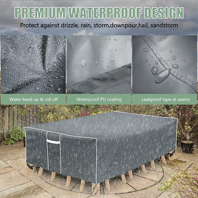 Gasadar Square Patio Furniture Covers, Waterproof Outdoor Furniture Cover for Outdoor Dining Table Set, 600D Heavy Duty, 98" L x 98" W x 29" H, Grey