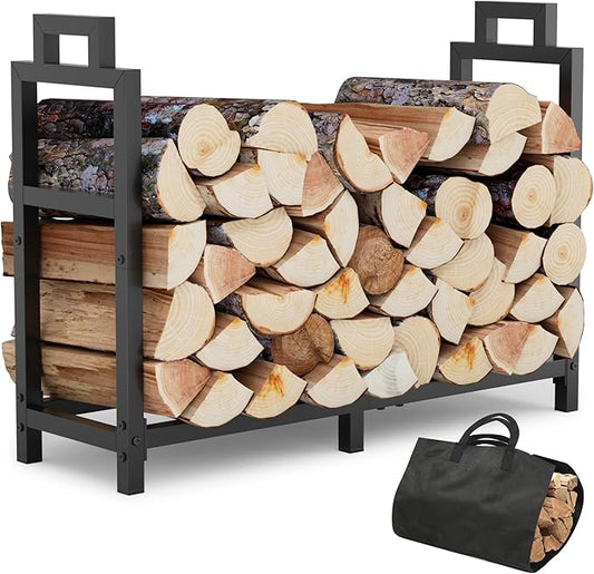 34 Inch Firewood Rack Outdoor Indoor with Handle and Log Carrier Bag, Stable Metal Wood Rack Heavy Duty Log Holder for Fireplace Patio Deck, Rustproof Firewood Storage Organizer Tool, Black, Square