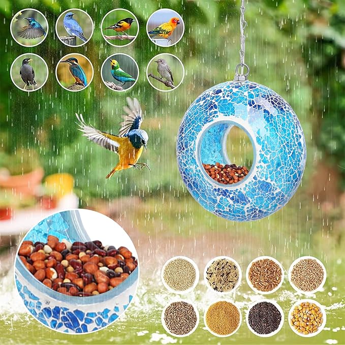 Yinns Solar Bird Feeder - Mosaic Fly Through Bird Feeders for Outside Hanging with Round Shape Glass Container Birdfeeder for Garden Decor, 8 Inch