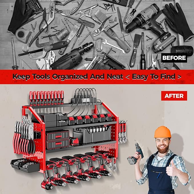 LBT Power Tool Organizer With Charging Station,Patented,Heavy Duty Steel,6 Drilling Rig Sizes With Hooks And Screw Boxes,6 sockets,Easy To Install Garage Storage Rack,Great Gift For Men, Red