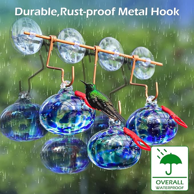 Window Hummingbird Feeder with Suction Cups,Hand-Blown Glass Hummingbird Feeders for Outdoors Window Mounted with Metal Hook,Close Bird Watching,Finch in Garden,Yard(Dotted Blue)