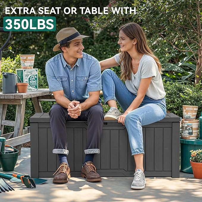 YITAHOME 120 Gallon Resin Deck Box, Weather Resistant Outdoor Storage Box for Patio Cushions, Garden Tools, Pool Supplies, Lockable, Easy Assembly, Extra Seat or Table (Dark Gray)