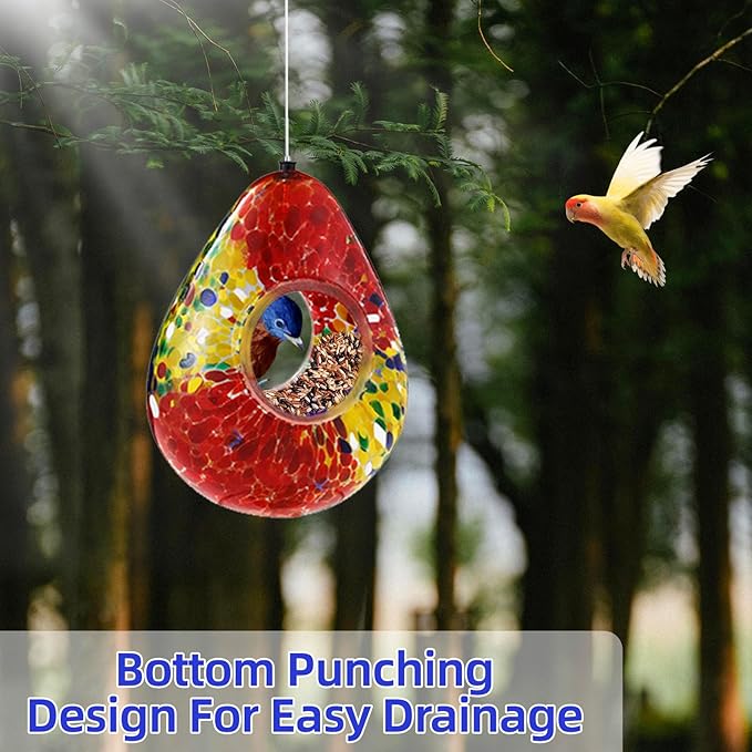 VOREEN Glass Bird Feeder, Fly Through Bird Feeders for Outdoor Hanging, Glass Wild Bird Feeder, for Garden, Yard, Backyard, Deck and Porch Decor, Gift for Mom Wife Friend, Red Teardrop