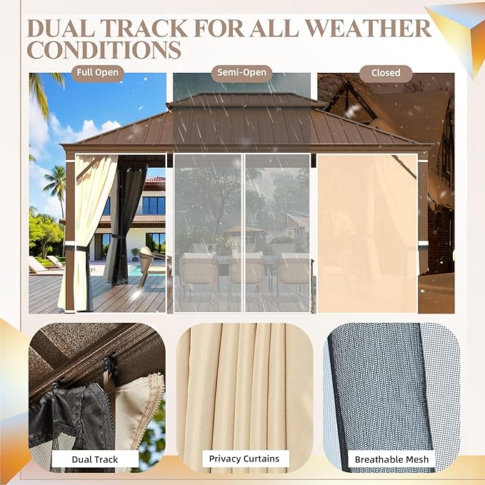YOLENY 12'x20' Hardtop Gazebo, Wood Grain Aluminum Frame Pergola with Galvanized Steel Roof, Outdoor Metal Gazebos with Curtains and Nettings for Patio, Backyard, Deck and Lawns
