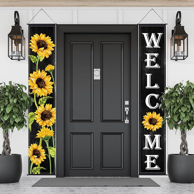 Tatuo Sunflower Welcome Hanging Banners Fall Porch Banners Flags Autumn Door Banner Thanksgiving Hanging Banner for Front Door Garden Home Yard Sunflower Party Decorations(Black Background)