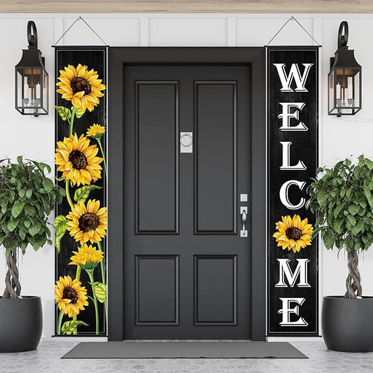 Tatuo Sunflower Welcome Hanging Banners Fall Porch Banners Flags Autumn Door Banner Thanksgiving Hanging Banner for Front Door Garden Home Yard Sunflower Party Decorations(Black Background)