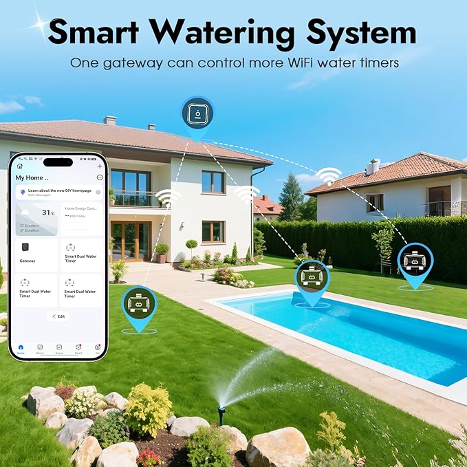 2 Zones WiFi Water Timer Brass Inlet, Sprinkler Timer for Garden Hose, APP Remote Control WiFi Hose Timers with Gateway, Voice Control with Alexa, Rain Delay and Manual Mode for Yard Lawn Watering
