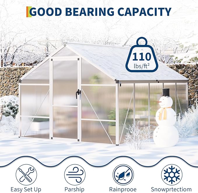 8x10 FT Greenhouse for Outdoors, Polycarbonate Greenhouse with Roof Vent, Ground Nails, Lockable Push Door, Aluminum Large Walk-in Green House for Outside Garden Backyard, Patio, Lawn, Silver