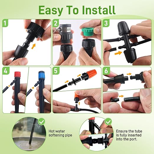 59FT Drip Irrigation System Kit, Garden Watering System with 1/2" 1/4" Tube Hose Adjustable Nozzle Barbed Fittings, Micro Misting Sprinkler System for Plant Lawns Raised Beds Greenhouses