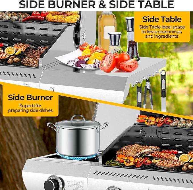 3-Burner Propane Gas Grill with Side Burner – 34,000 BTU Stainless Steel Outdoor BBQ Grill, Cast Iron Grates, Portable with Wheels for Patio, Camping