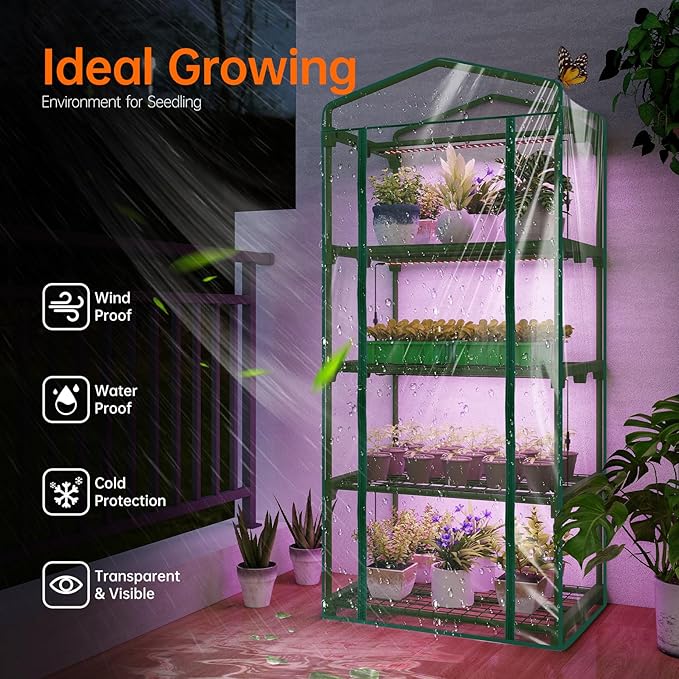 Indoor Greenhouse with Grow Lights, 4 Tier 27.2" L×19.9" W×61.8" H Mini Greenhouse with Zippered PVC Cover for Seed Starting Trays, Dimmable 2FT 60W Plant Light for Indoor Plants with Timer