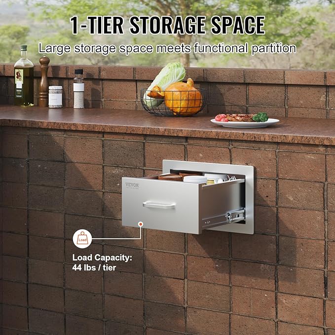 VEVOR 14x8.5 Inch Outdoor Kitchen Drawers Stainless Steel, Flush Mount Double Drawers,14W x 8.5H x 23D Inch, with Stainless Steel Handle, BBQ for Outdoor Kitchens or BBQ Island