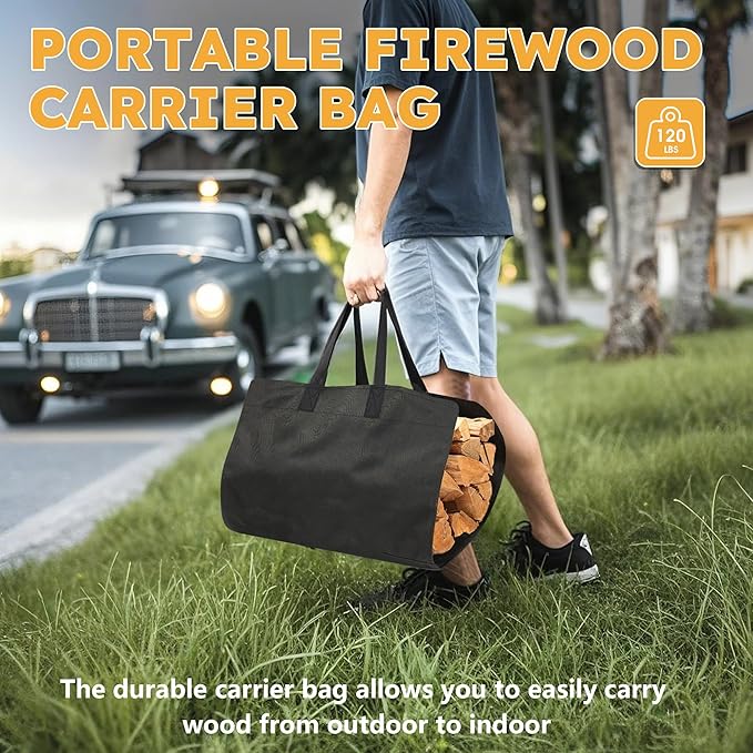 34 Inch Firewood Rack Outdoor Indoor with Handle and Log Carrier Bag, Stable Metal Wood Rack Heavy Duty Log Holder for Fireplace Patio Deck, Rustproof Firewood Storage Organizer Tool, Black, Square