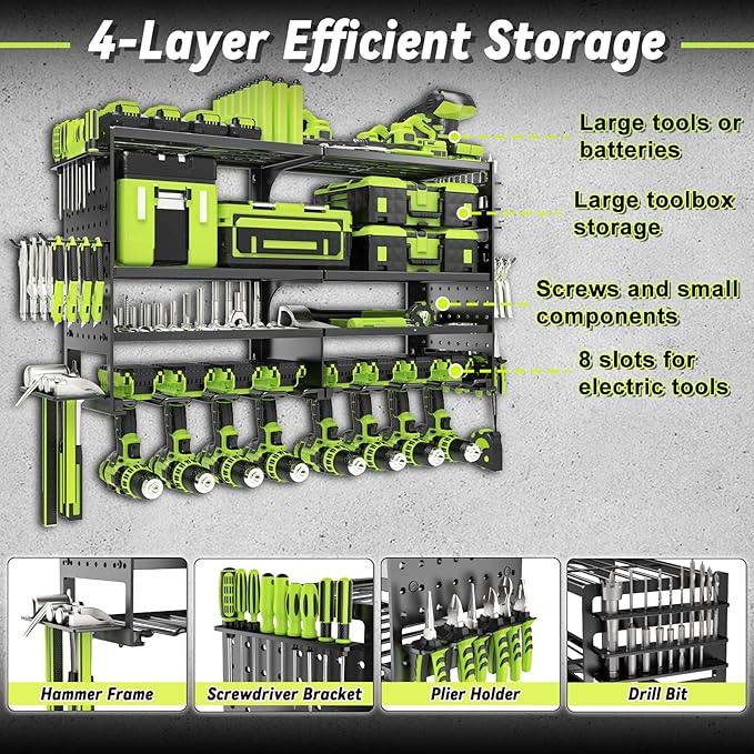 Power Tool Organizer Wall Mount,Heavy Duty Metal 4 Layer 8 Slots Drill Holder,Garage Cordless Storage Rack with Screwdriver Plier Hammer Holder for Workshop Carport Basement