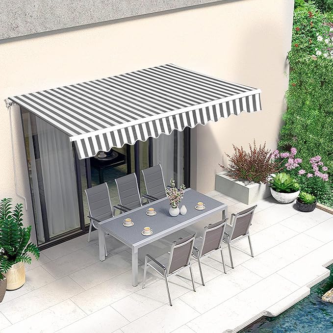 MCombo 11.5x9.5 Feet Manual Retractable Patio Door Window Awning Sunshade Shelter Outdoor Canopy, 1210 (Grey with White Stripes, 11.5'(L) x 9.5'(W))