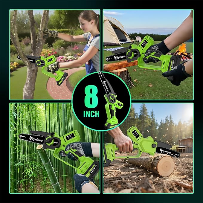 Mini Chainsaw 8inch, Chainsaw Cordless w Automatic Oiler, Handheld Electric Power Chain Saw w Security Lock, Brushless Motor,Chainsaws for Wood/Trees Trimming (Green - 1 battery, 8 INCH)