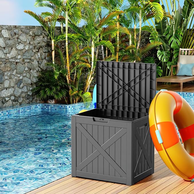 32 Gallon Resin Deck Box, Lockable Outdoor Storage Box for Patio Cushions Storage Furniture,Garden Tools, Pool Supplies, Weatherproof and UV Resistant(Black X)