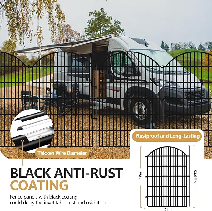 10 Panels Decorative Garden Fence with Lock, 48in (H) x 24ft (L) No Dig Dog Animal Barrier for Outdoor Yard, Rustproof Ground Stakes Metal Fencing for Yard, Patio, Flower Bed