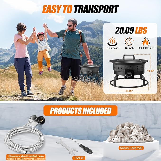 19″ Outdoor Portable Propane Fire Pit with Grill Grate, Cover&Carry Handle,Fireplace,60,000 BTU Propane Firepit,Portable Gas Fire Pit for Outside Patio, Camping,RV, Smokeless Gas Firebowl