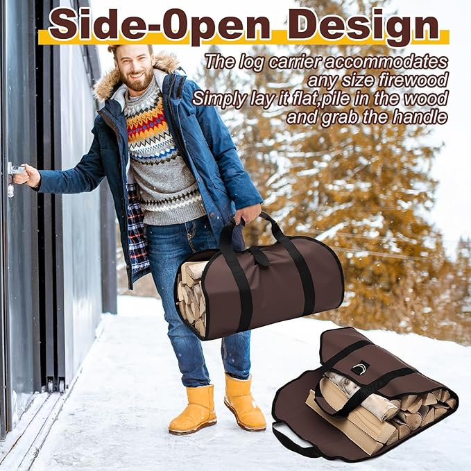 2 Pcs Canvas Firewood Carrier Bag with Handles, Canvas Waxed Large Carrier Logs Tote Indoor Carrying Bag Wood Storage Carriers for Fireplace Cabin Camping Outdoor, Dark Brown
