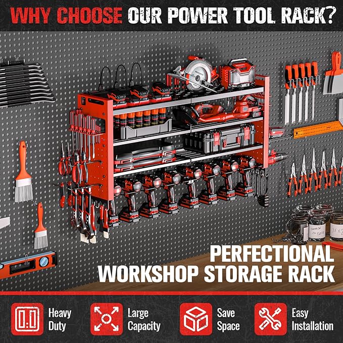 Heavy Duty Power Tool Organizer Wall Mount with Charging Station, Large Garage Organization with 10 cordless Drill Holder, 4 Layers Tool Organizers and Storage, Tool Rack with 6 Power Strip, Red