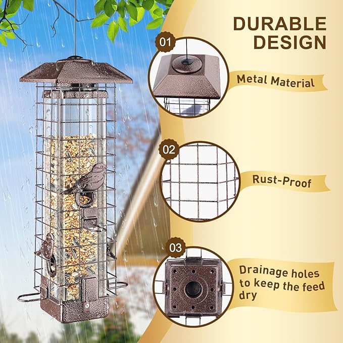 Squirrel Proof Bird Feeder for Outdoors Hanging, Gravity Protection Metal Wild Bird Feeder, 3LB Large Capacity, 4 Ports, Cardinal, Chickadee, Durable & Weatherproof, Ideal for Backyard