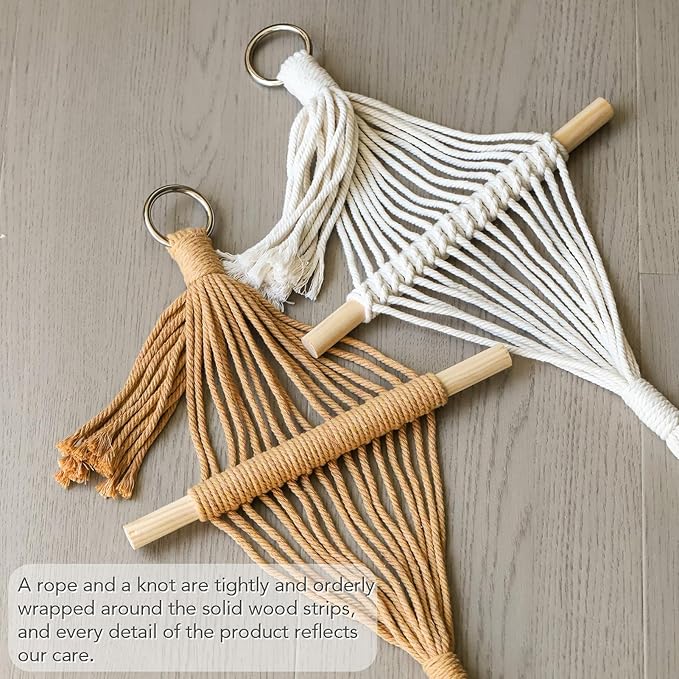 New Diamond Pattern Plant Hanger,2Pcs Handmade Macrame Plant Hangers Indoor with Wood Dowel,Large Crochet Boho Plant Hanger Holder for up to 10in Pot No Tassels (Caramel Wood Hanger)