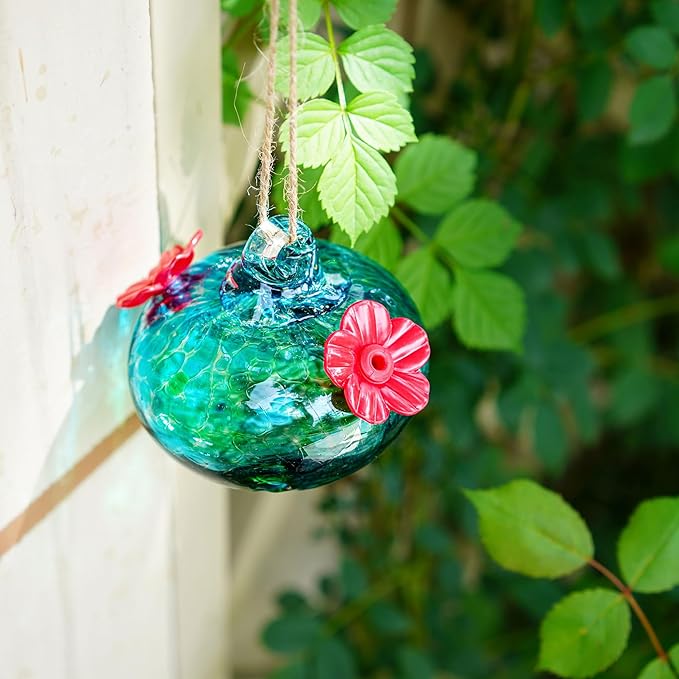 2pcs Small Glass Hummingbird Feeders for Outdoors Humming Bird Feeder with 2 Flower Feeding Ports for Window Garden Patio Decor Blown Glass Hummingbird Feeder for Outside