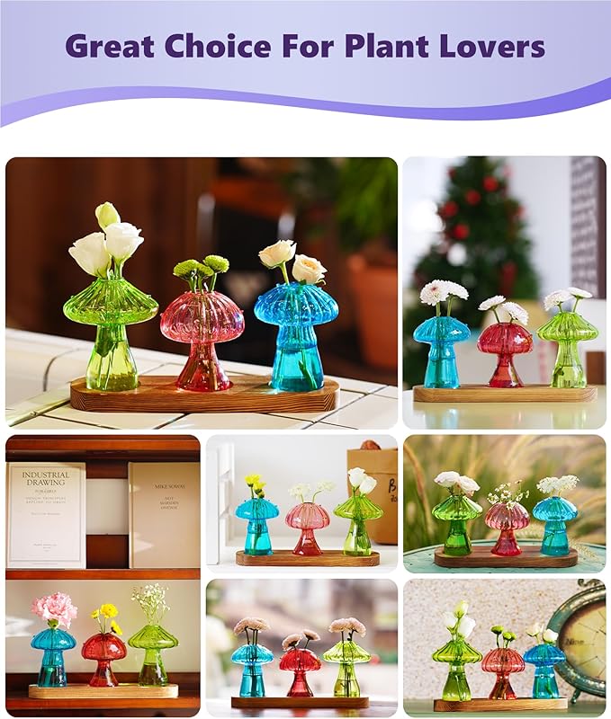 Nacome Mushroom Glass Propagation Station for Plants: Set of 3 Colored Vases Terrarium Kit for Home Office Indoor Hydroponics Decor - Birthday Gifts for Women Mom Grandma