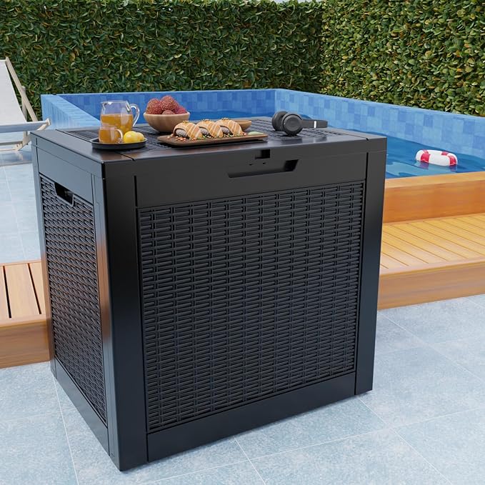32 Gallon Resin Deck Box Waterproof, UV Resistant Outdoor Storage Box for Delivery, Garden, Patio,and Porch, Rattan Black