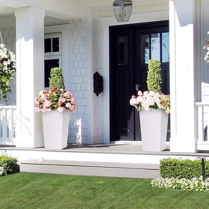 GarveeLife 22.5 in Tall Planters Set of 2, Outdoor&Indoor Black Planter Pots, High Front Porch Planter Pots with Drainage Holes&Water Level Monitor&Inner Bucket, Automatic Watering, White