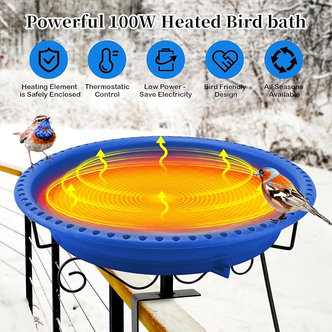 Lovppy Heated Bird Baths for Outdoors for Winter, 100W Heated Bird Bath Water Heater with Thermostatically Controlled, Heated Bird Bath for Deck Railing Outside Garden Patio Yard (Blue)