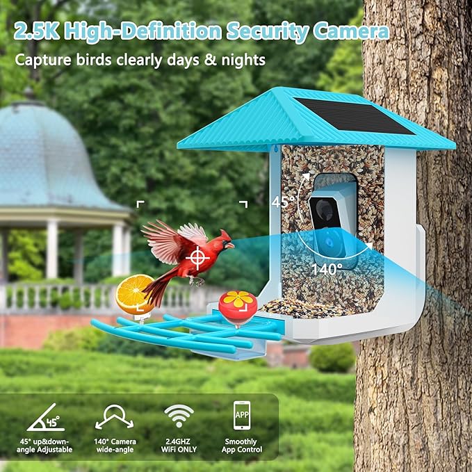 2.5K Smart Bird Feeder with Camera, 5GHz &2.4GHz Birds Watching Camera with AI Identify Bird Species, Outdoor Birds Feeder House with Solar Panel for BirdLovers (Blue)