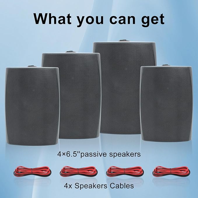 Herdio 6.5 Inch 800W Passive Outdoor Speakers Wired Waterproof 2-Way Wall Mounted Speakers with Bass Suitable for Patio Pool Deck Porch Backyard Indoor Home (2 Pairs, Black)