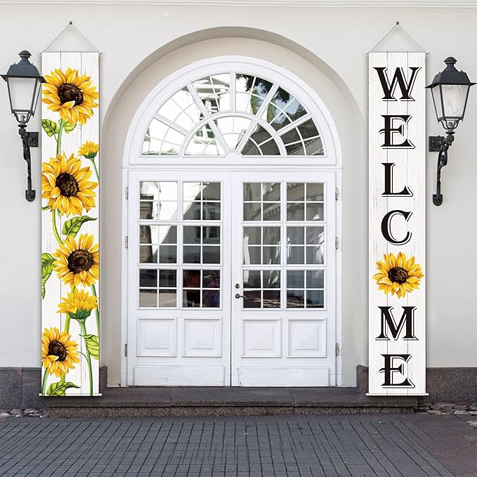 Tatuo Sunflower Welcome Hanging Banners Fall Porch Banners Flags Autumn Door Banner Thanksgiving Hanging Banner for Front Door Garden Home Yard Sunflower Party Decorations(White Background)