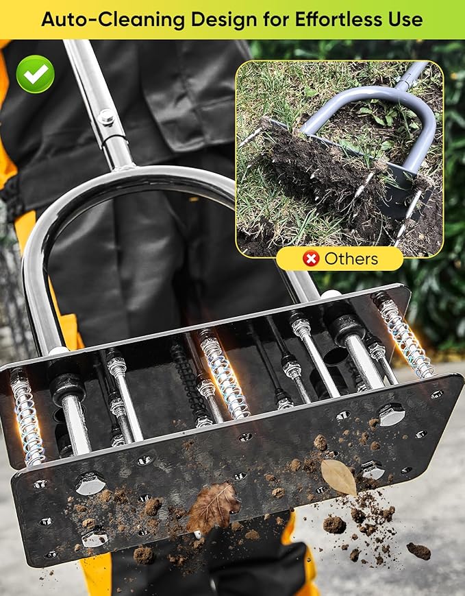 Lawn Aerator Tool, Manual Metal Spike Aerator Lawn Tool with Spring Base, Automatic Leaf and Dirt Cleaning, Grass Aerator for Lawn Care, Soil Loosening, Yard Aerating, Garden Tool