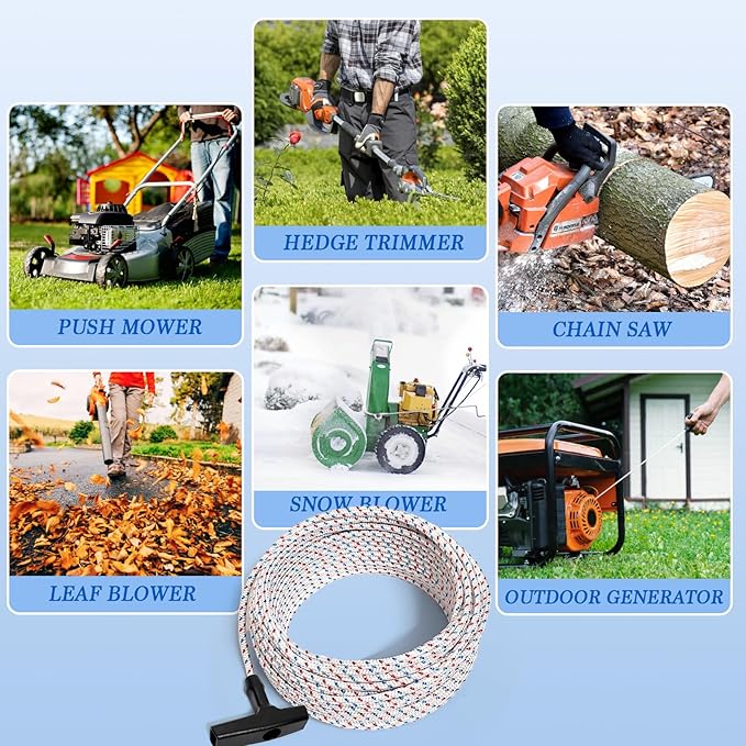 Heavy-Duty Pull Cord Rope Kit - 100Ft 4.0MM Lawn Mower Pull Cord Replacement, Starter Rope with 4 Universal Handles for Chainsaws, Snowblowers & Gas or Diesel Engines (for Briggs/Stratton/STIHL)