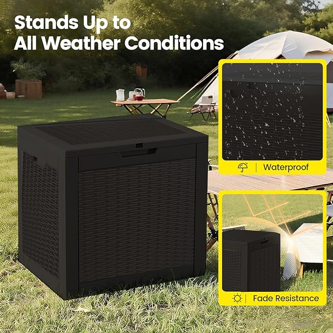 31 Gallon Outdoor Storage Box - Waterproof Resin Rattan Deck Bin for Indoor & Outdoor Use - Lockable & UV Resistant - Ideal for Package Delivery, Patio Cushions & Gardening Tools, Black