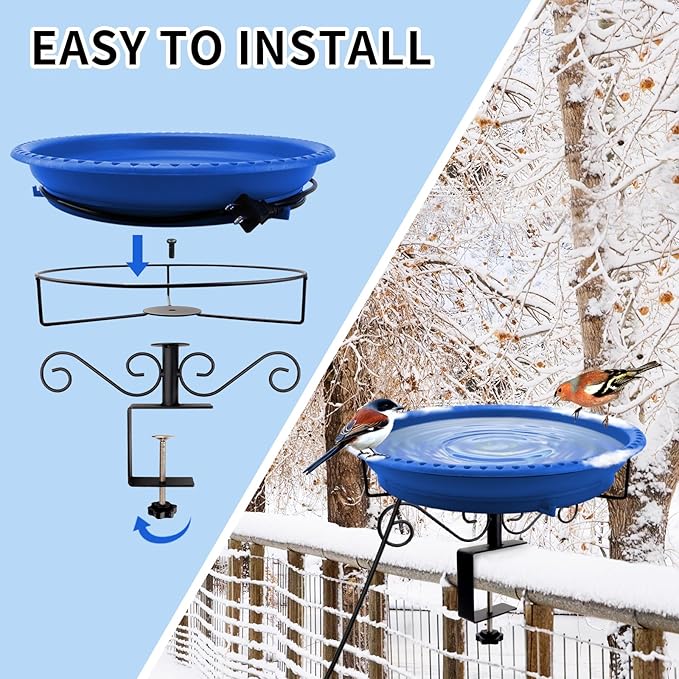 Lovppy Heated Bird Baths for Outdoors for Winter, 100W Heated Bird Bath Water Heater with Thermostatically Controlled, Heated Bird Bath for Deck Railing Outside Garden Patio Yard (Blue)