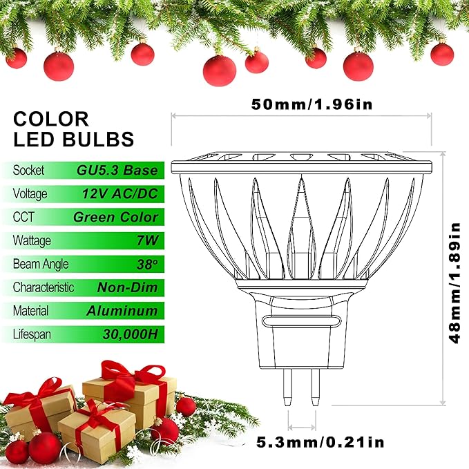 ALIDE Green MR16 GU5.3 Led Bulbs 5W,20W 35W 50W Halogen Equivalent,12V Low Voltage MR16 Led Green Bulb Spotlights for Outdoor Landscape Yard Garden Tree Pool Holiday Christmas Lighting,38 Deg,3 Pack